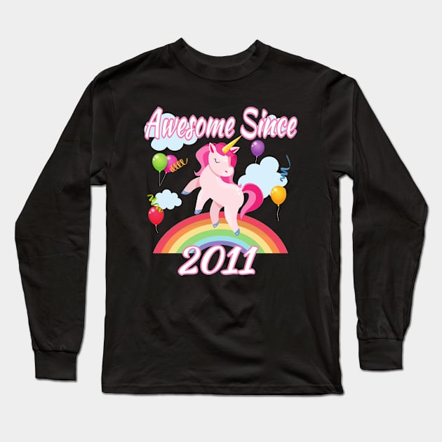 Unicorn Awesome Since 2011 Happy Birthday Long Sleeve T-Shirt by pho702